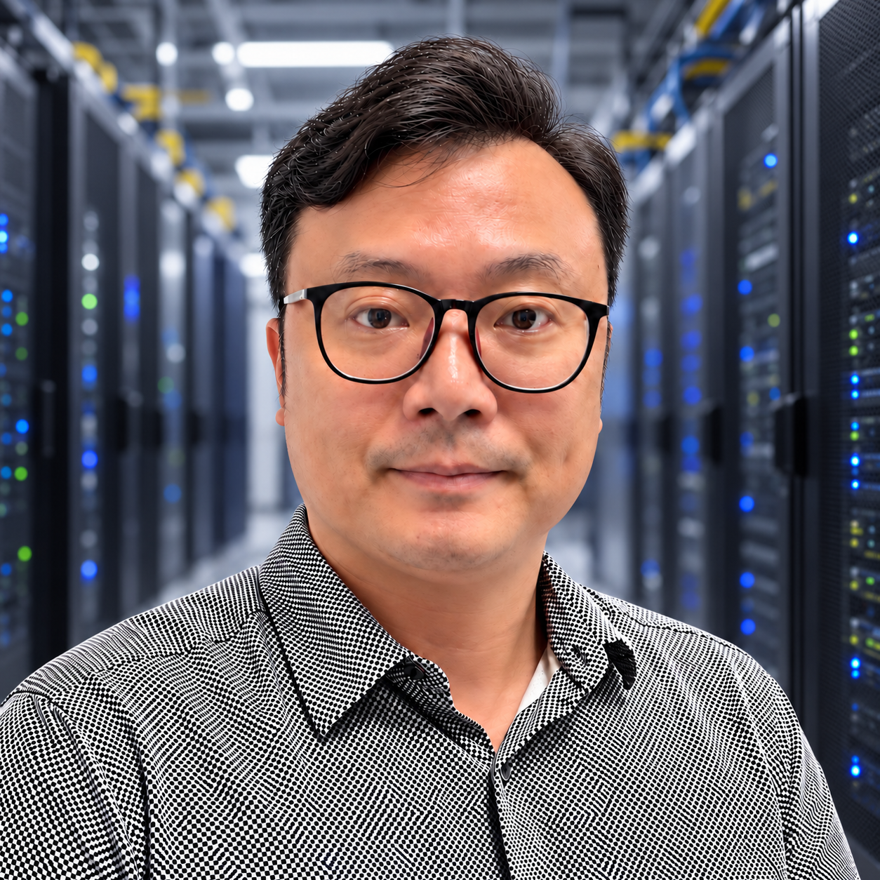 Portrait of Houting Du against a data center background.